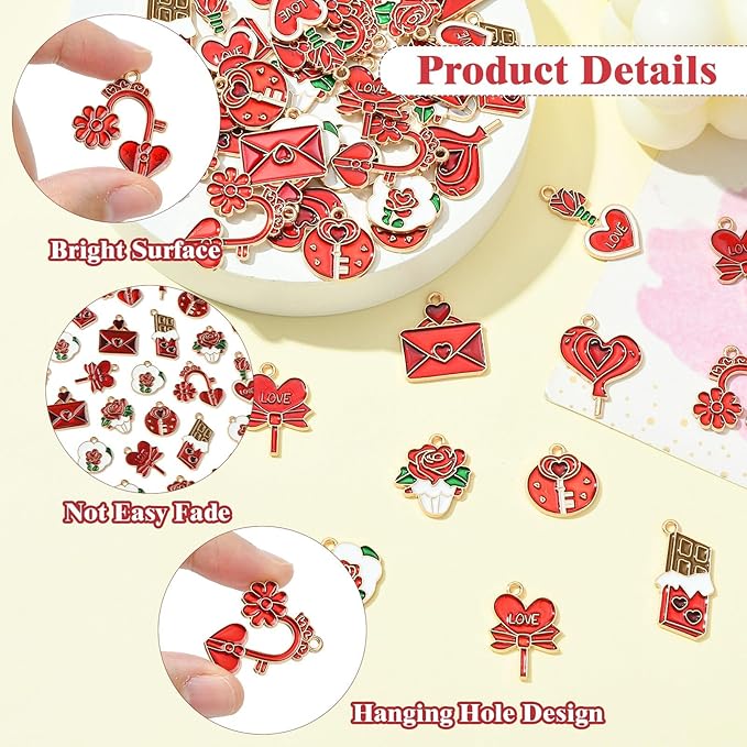 Stiesy 45 Pcs 9 Styles Romantic Sweet Enamel Valentine's Day Charms Red Heart Love Envelope Chocolate Flower Charm Pendant Bulk for DIY Date Necklace Bracelet Earring Presents
