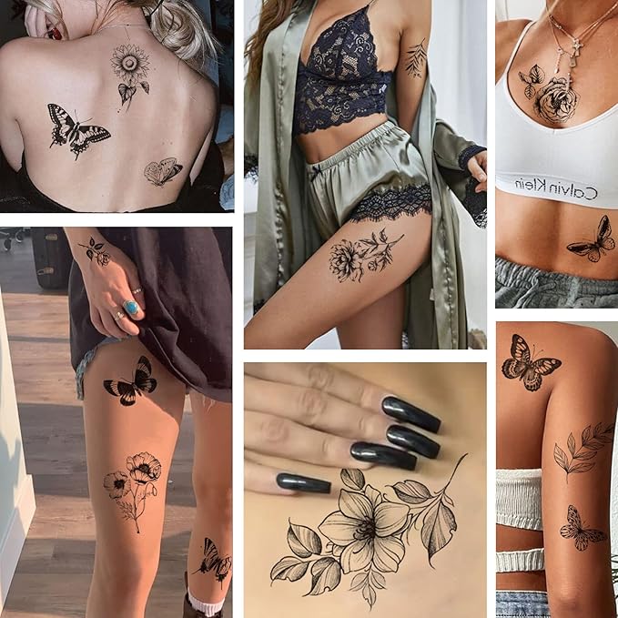 Tazimi 6 Sheets Black Flower Butterfly Temporary Tattoos For Women Girls Long Lasting Realistic Waterproof Fake Tattoos Arm Legs Chest Body Art Sketch Tattoo Stickers