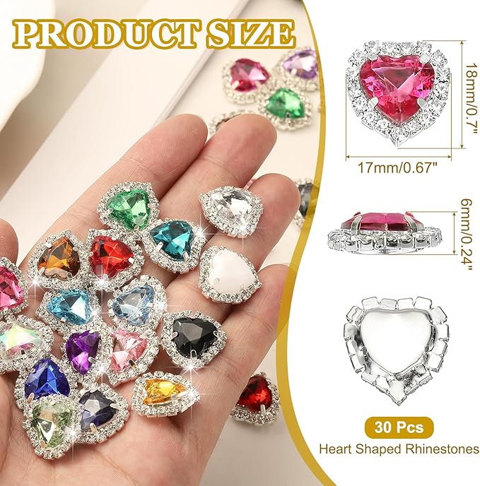 PATIKIL 30PCS Heart Rhinestones, Sew on Rhinestones Buttons Crystal Heart Nail Charm Embellishment Flatback Diamond for Sewing DIY Clothing Wedding, Dark Pink