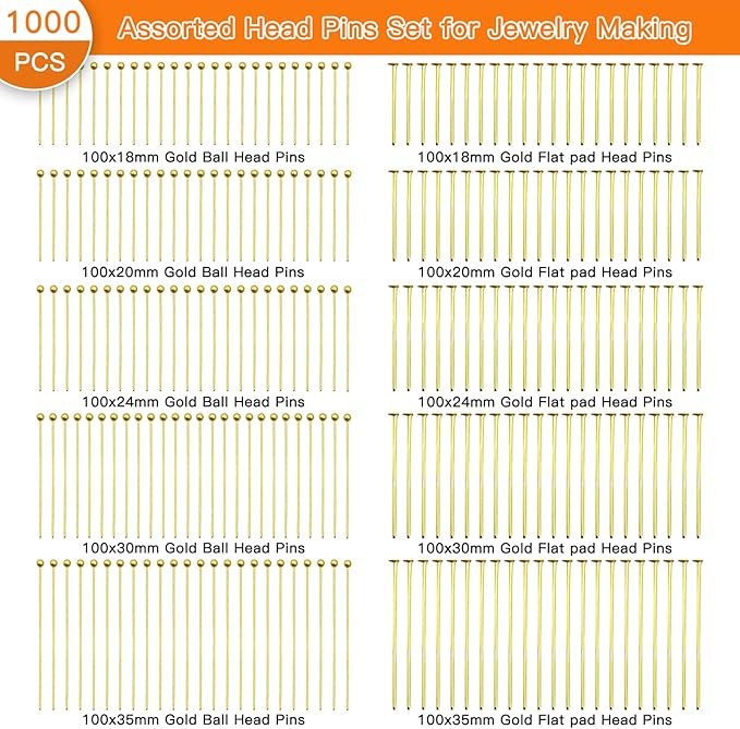 1000pcs Head Pins for Jewelry Making,Ball Head Pins Flat Heads Pin Beading Pins for Beading Jewelry Making(Gold,18mm,20mm,24mm,30mm,35mm)