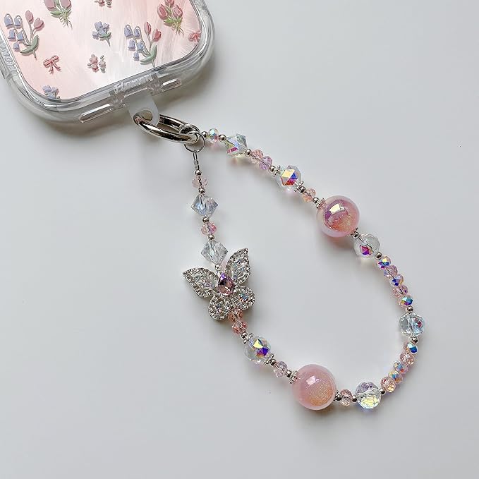 Crystal Butterfly Phone Charm, Pink Pearl Beaded Lanyard, Bling Shiny Wrist Strap Keychain for Purse Bags Car keys Earphones