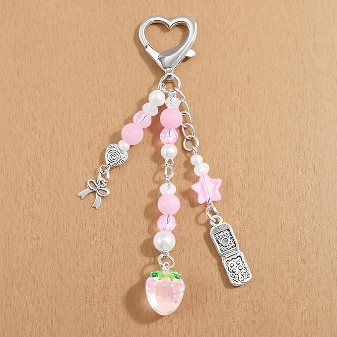 Angyape Cute Pink Strawberry Keychain Y2K Keychain Bow Flower Heart Pendant Bag Charms Kawaii Aesthetic Accessories for Women