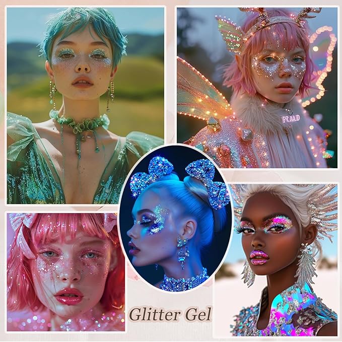 Face Body Glitter, Hair Glitter Sparkles Chunky Face Glitter Gel for Girls Makeup Singer Concerts Mermaid Festival Sequins Face Paint (White+Rose+Gold+Blue+Purple)