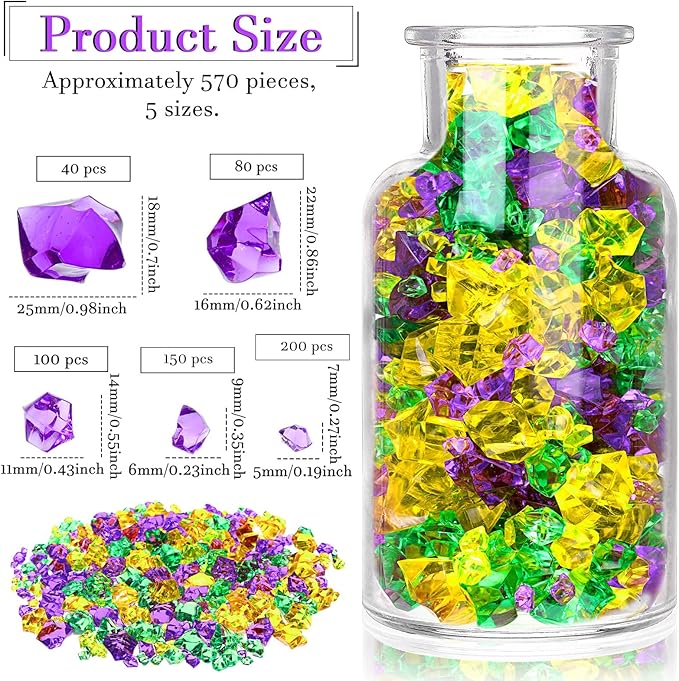 Syhood 570 Pcs 5 Sizes Mardi Gras Yellow Green and Purple Fake Crushed Ice Rocks Acrylic Crystal Gems Plastic Diamonds Marble for Carnival St. Patrick's Day Vase Fillers Table Scatter Room Decoration