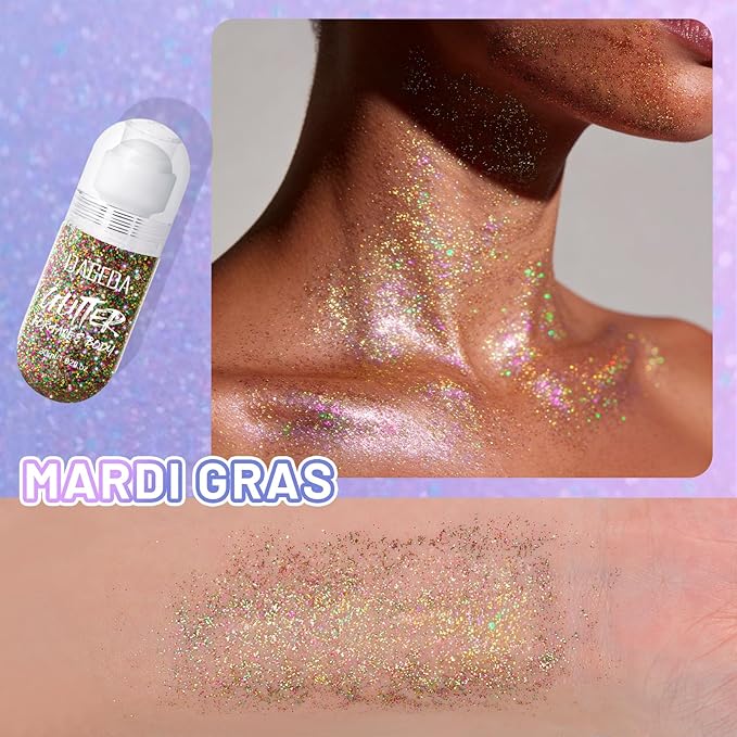 DAGEDA Body Glitter Gel, Roll-on Face Glitter for Mardi Gras Oufits Accessories for Women, Mardi Gras Green Purple Gold Hair Glitters,Body Shimmer Makeup for Carnival Party