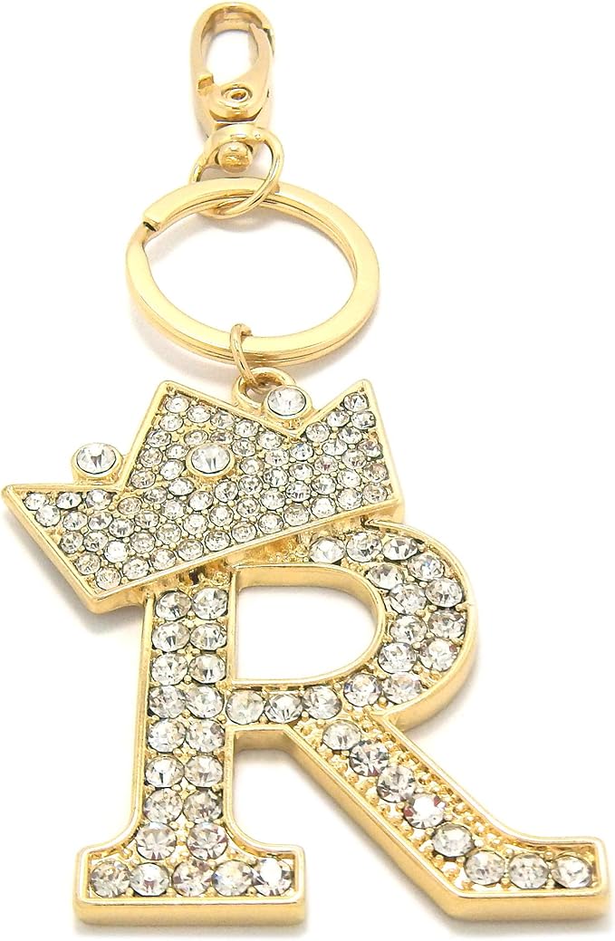 CBC Crown Crystal Rhinestone Letter Initial Keychain, Gold Metal, Bag Charm with Key Ring Approx. 2.17" x 2.56"