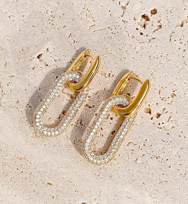 OZEL 14K Gold & Silver Plated Paperclip Chain Earrings with Cubic Zirconia – Dangle, Hoop, Huggie, Stud Styles – Women’s Fashion Jewelry Gift