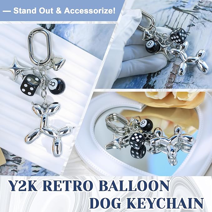 Silver Balloon Dog Keychain Silver Bag Charm Cute Y2K Keychain 8 Ball Dice Charm for Women Girls Aesthetic Charms Backpack Bag Purse Handbag Accessories
