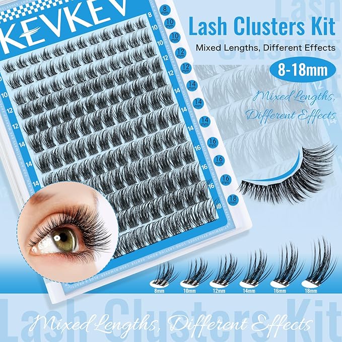 KEVKEV Lash Clusters Kit 144pcs Lashes Clusters 8-18mm Lash Extension Kit Thin Band Eyelash Extension Kit Lash Clusters with Lash Bond and Seal Lash Tweezers DIY Lash At Home(Kit-K01)