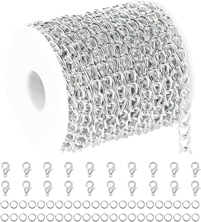 33ft/10m Cable Link Chain for Jewelry Making Light Silver Plated Aluminum Jewelry Chains Bulk with Jump Rings and Lobster Clasps