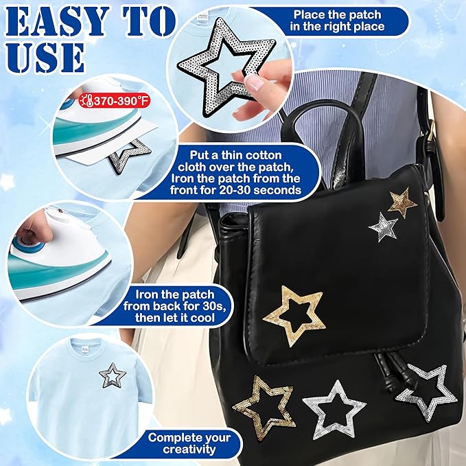 20pcs Hollow Star Iron on Patches - Sequin & Glitter Star Iron on Patches for Hats, Clothes, Backpacks, Costume