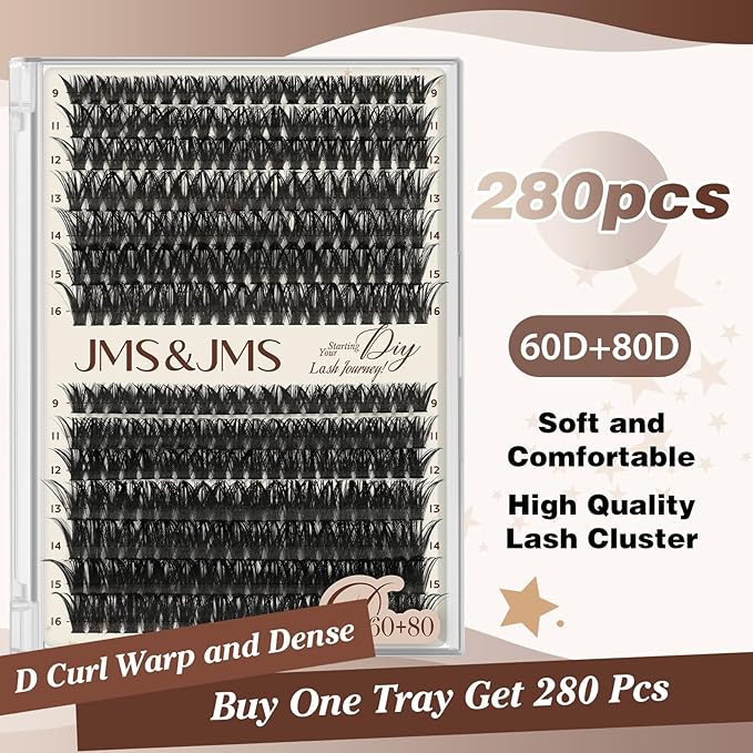 JMS&JMS 280Pcs Lash Clusters Soft Eyelash Clusters 60D+80D DIY Cluster Eyelash Extensions Soft and Easy to Wear at Home (60D+80D-D-9-16Mix)