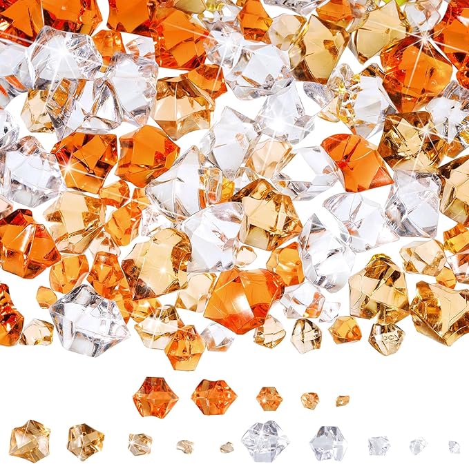 Syhood 570 Pcs 5 Sizes Orange Clear and Amber Fake Crushed Ice Rocks Acrylic Crystal Gems Plastic Diamonds Marble for Christmas Vase Fillers Decoration Wedding Holiday Table Scattering Room Decor