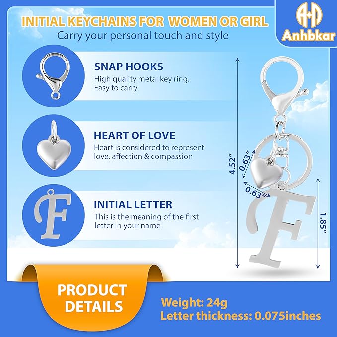 A-Z Heart Initial Letter Keychain, Stainless Steel Alphabet Charm for Handbags, Gift for Women and Girls