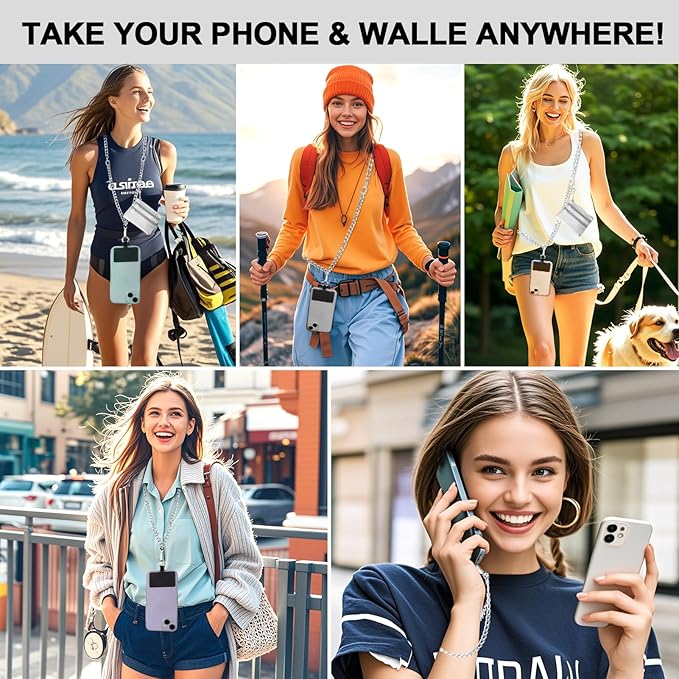 XANGNIER Clip and Go Strap for Phone with Wallet Crossbody, Phone Strap with Zippered Wallet, Adjustable Anti Theft Cellphone Lanyard for Women, Cellphone Chain Accessories,Chain Silver