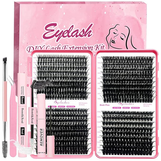 Qiveaory DIY Lash Extension Kit 684pcs Individual Lashes Clusters D Curl Eyelash Extension Kit with Lash Bond and Seal,Eyelash Remover Tweezers Brush(10-18mm,50D+60D+80D+100D) Lash Books DIY at Home