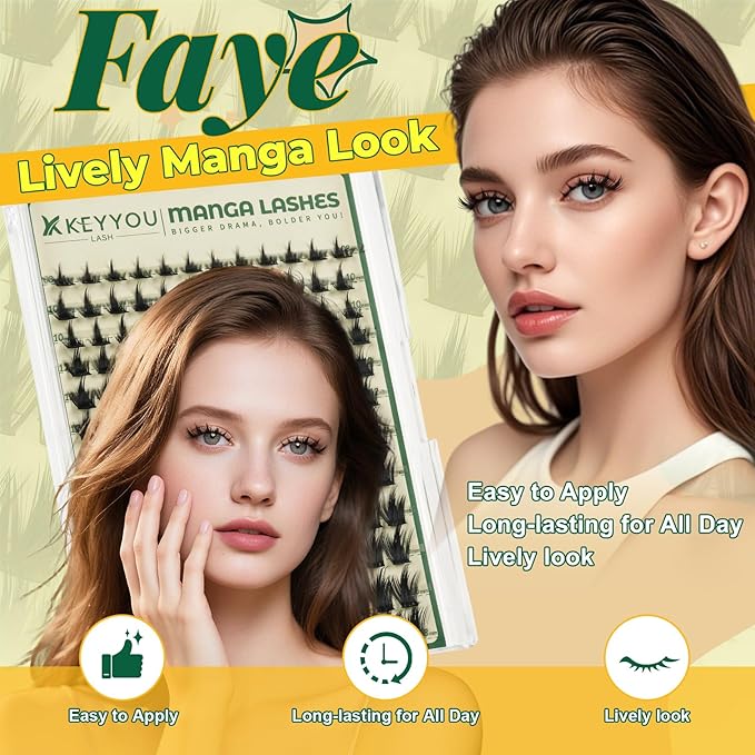 KEYYOU LASH Manga Lash Clusters 144pcs D Curl 8-18mm Fairy Eyelash Clusters Natural DIY Lash Extension Thick Wispy with Soft Thin Band(Faye)