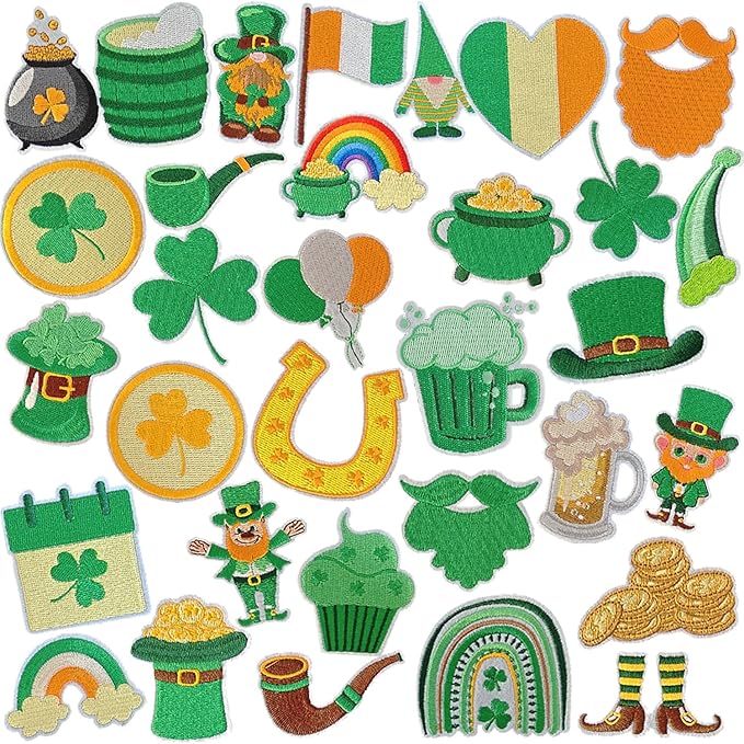 WILDREEDS 32 Pieces Assorted Styles St. Patrick's Day Iron on Patches, Irish Clover Lucky Shamrock Embroidered Patch for Clothing, T-Shirt, Backpacks, Hats, Jeans, Jackets