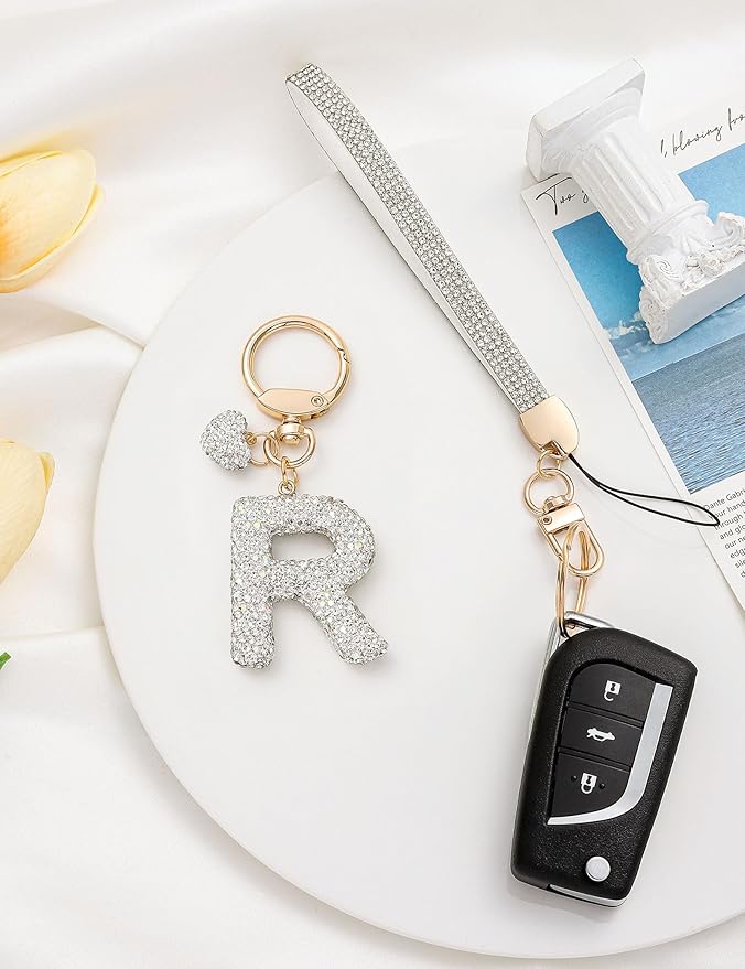 Initial Keychain for Women Girls,Bling Letter Key chain Initial with Heart,Pink Keychain Charms for Backpack Handbag