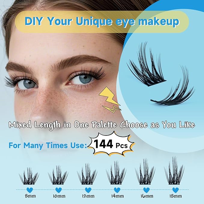 KevKev Lash Clusters Kit 144pcs Eyelash Clusters Cloudy Natural Wispy Lash Clusters Eyelash Extension Kit ith Lash Bond and Seal Remover Beginner Friendly (Cloudy, D-8-18mix)