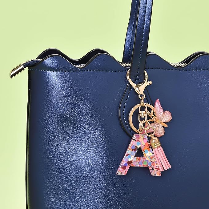 Fashion Alphabet Initial Letter Keychain Tassel Butterfly Pendant Key Ring for Purse Handbags Women Girl