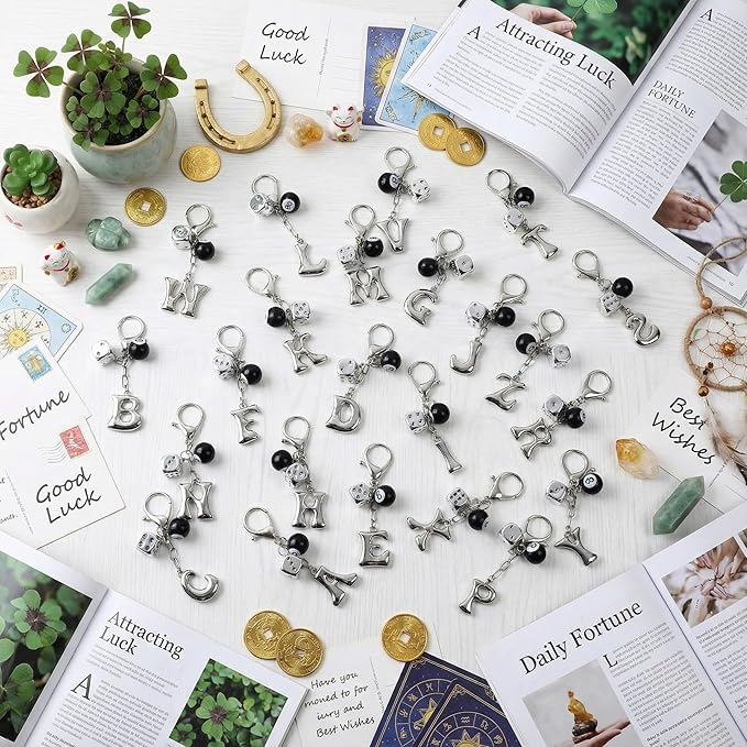 8 Ball Dice Keychain with Silver Bubble Initial - Y2K Aesthetic Cute Bag Purse Charms for Women