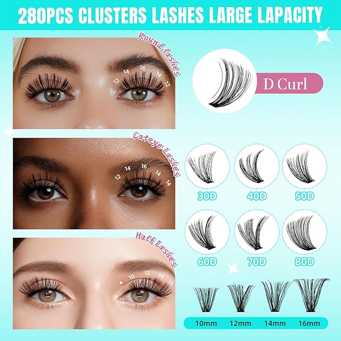 Lash Clusters Wispy 280PCS Eyelash Extension 60D Cluster Lashes Individual Lashes DIY Lash Extension Natural Look Cluster Eyelash Extensions Soft False Eyelashes at Home for Beginners(10mm)