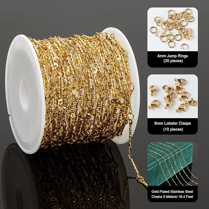 UMAOKANG 5 Meters Gold Plated Jewelry Making Chains on Spool Dainty Stainless Steel Stick Chain Bulk Thin Craft Chain Roll