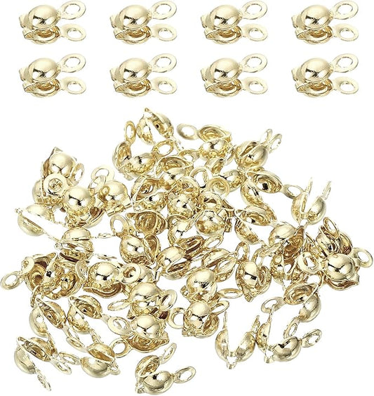 uxcell 180 Pcs 3.2mm Crimp End Caps, Clamshell Cord End Cap Connector Clasp Bead Tips Knot Covers Calotte End Crimp for DIY Jewelry Making, 14K Gold