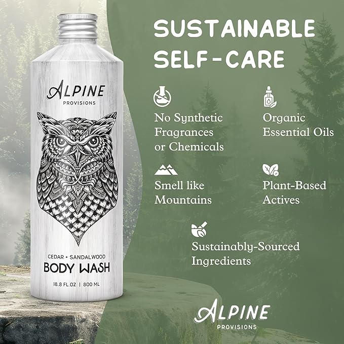 Alpine Provisions Natural & Organic Body Wash with Cedar & Sandalwood – Moisturizing Body Wash with Aloe Vera, Coconut Oil & Essential Oils – Vegan, Sulfate-Free, Plastic-Free – 16.9 fl oz