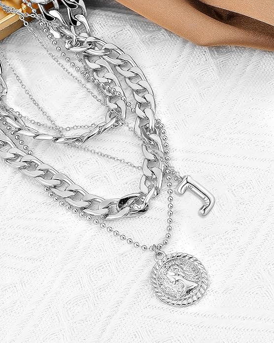 MJartoria Layered Necklaces for Women Trendy Balloon Initial Coin Pendant Necklace Dainty Chunky Chain Choker Necklaces Jewelry Birthday Gifts