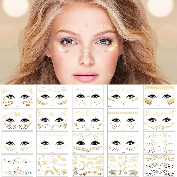 Zonon 20 Sheets Gold Glitter Freckles Face Tattoo Sparkle Face Makeup Patches Metallic Face Tattoo Sticker Temporary Transfer Tattoo Parties Decor for Halloween Christmas Women Makeup Dancer Costume