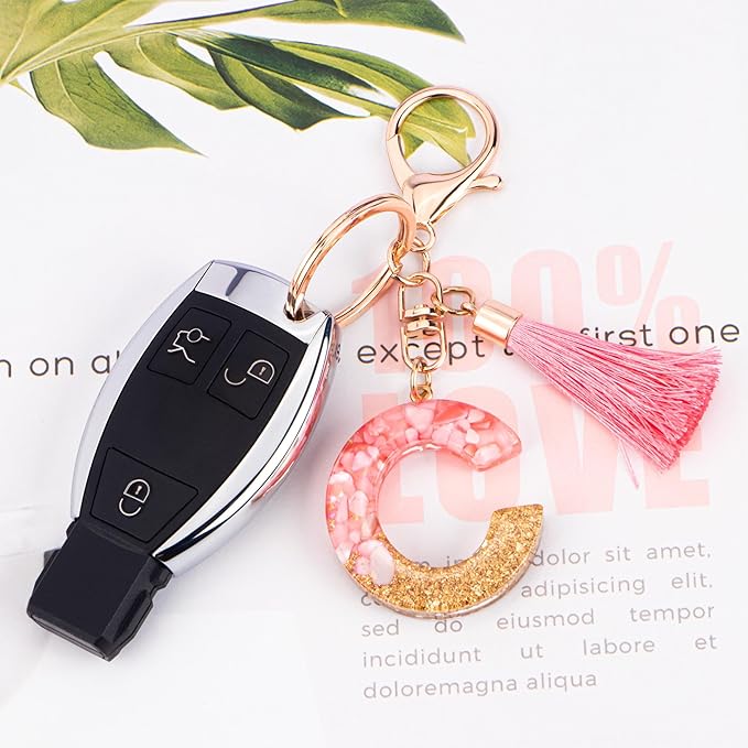 Suweibuke Cute Pink Key Chains for Women Girls, Initial Letter Keychains with Tassel, Charms for Key Purse Handbags Backpacks