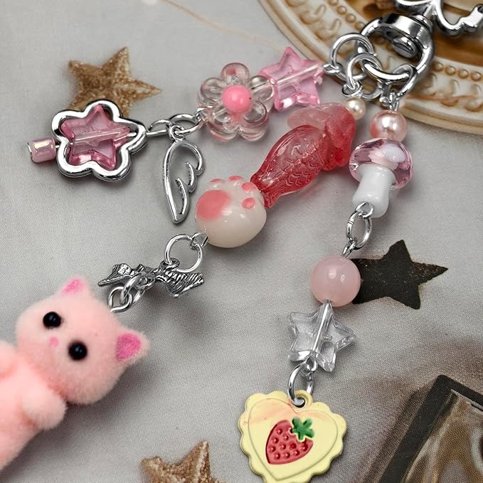 Cute Cat Keychain, Y2K Heart Bow Pendant, Kawaii Cat Bag Charm