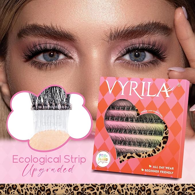 VYRILA Self Adhesive Lash Clusters Kit, D Curl Wispy Pre Glued Lash Extensions with Tweezers, Reusable 0.1mm Ultra Thin Band Natural Eyelashes, Easy Apply Eyelash Clusters for Beginners(PG-ZE04)