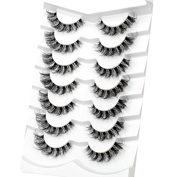 Pooplunch Fake Eyelashes Faux Mink Lashes Strips Cat Eye Wispy Volume Lashes D-Curly Clear-Band Natural 8D Extension Wispies 7 Pairs Pack