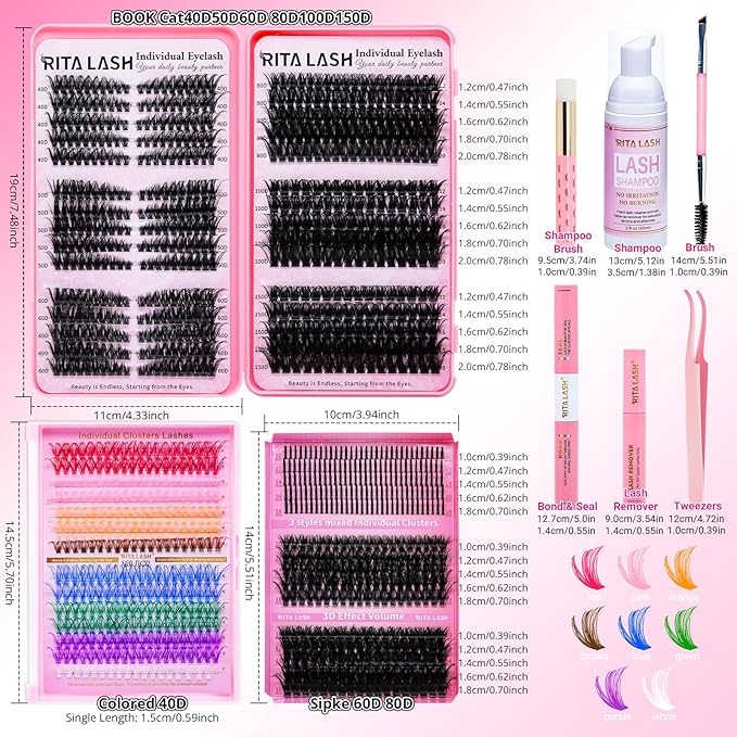 Lash Clusters Kit Eyelash Clusters Kit Cat Eye Lashes Cluster Eyelash Extensions Large Pack Colored Lash Extension Kit Pestañas Postizas Naturales+Lash Bond&Seal,Remover,Tweezers,Cleanser(Lash Kit-7)