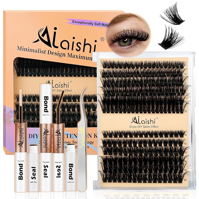 AILAISHI Lash Clusters Kit, DIY Cluster Eyelash Extensions 10‑20mm, 80D+100D, 216pcs Fluffy D Curl Natural Lashes with Bond & Seal,Tweezers–Fake Cat Eye Individual Clusters
