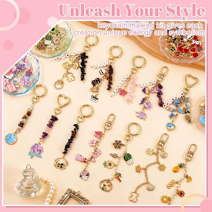 TOHONGADON 907 Pcs Keychain Making Kit, Bag Charm Kit with 5 Kinds of Crystal Stones, 343 Charms, 24 Keychain Clips, Key Ring Jewelry Plier, Extender Chain, Letter Beads for DIY Crafting