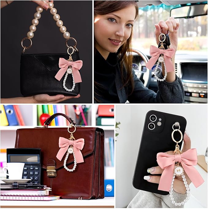 Joez Wonderful Pearl Bow Keychain, Cute Pink Bowknot & Pearl Keyring Charms, Aesthetic Keychain