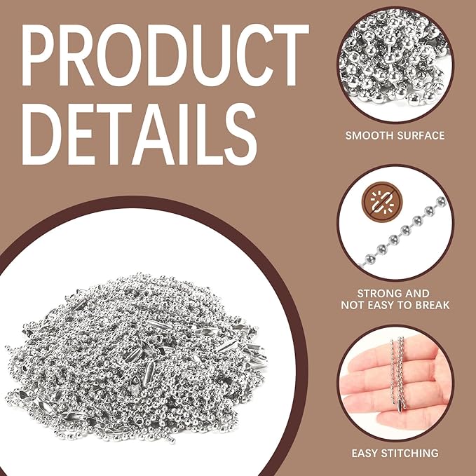 300 pcs 3.9 in Ball Chains Keychain Tag Keychain Ball Chain Bulk,Beaded Chain Connector Chains for Keychains,Dog tag Chain Key Chain Links,Silver Nickel Plated Metal 2.4mm Ball Bead Chains