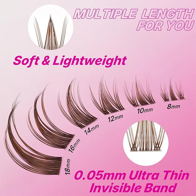 VEYESBEAUTY Brown Manga Lash Clusters Kit Eyelash Extensions Thin & Invisible Band DIY Individual False Eyelashes Newbie's Five-Second Series Wispy Lash Tray, with Clear Bond&Seal Remover Applicator