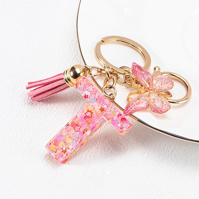 Initial letter Keychains for Women Girls Tassel Butterfly Cute Keychain for Wallet Backpack charm