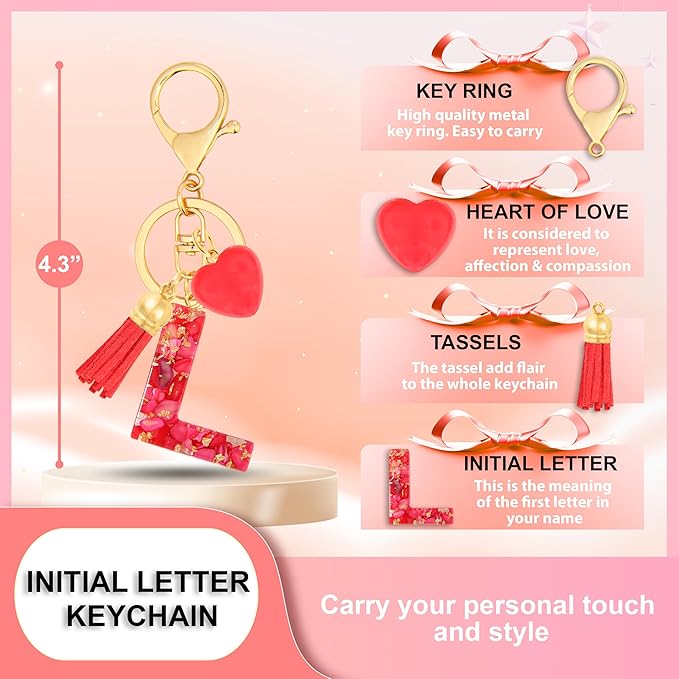 Initial Keychains for Women with Cute Heart Resin - Alphabet Letter Keychain for Bag, Backpacks, Purse or Car key