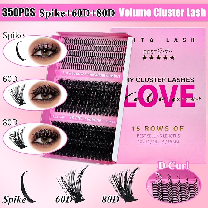 Lash Clusters Kit Eyelash Clusters Kit 3D Effect Cluster Eyelash Extensions Large Pack Cat Eye Lashes Clusters Lash Extension Kit Pestañas Postizas Naturales+Lash Bond&Seal,Remover,Tools(Lash Kit-9)
