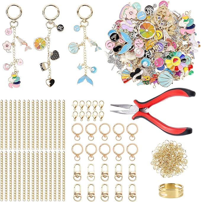 Bruzdi 338Pcs Keychain Making Kit with 116 Charms, Pliers, Jump Ring Opener, Chains, Jump Rings, Snap Hook & Lobster Clasps – DIY Keychain Supplies Bag Charm Kit for Crafts, Purse Charms & Gifts