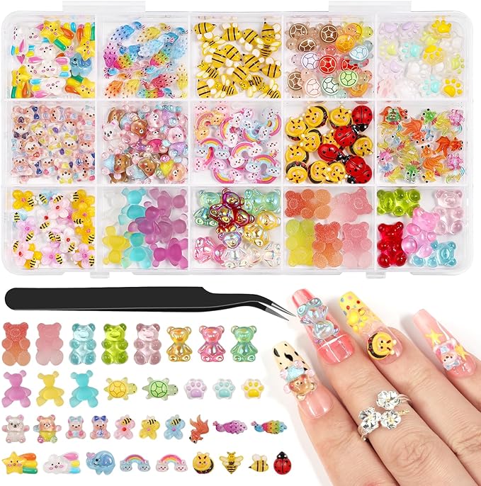 190PCS Animal Nail Charms Kit, 3D Cute Gummy Bear Bee Bunny Resin Charms for Nail Art Design, Kawaii Accessories Bulk with Tweezers for DIY Crafts, Slime, Phone Cases & Crocs