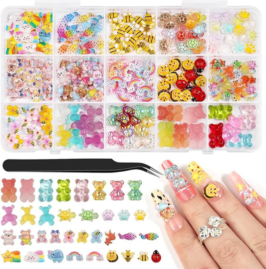 190PCS Animal Nail Charms Kit, 3D Cute Gummy Bear Bee Bunny Resin Charms for Nail Art Design, Kawaii Accessories Bulk with Tweezers for DIY Crafts, Slime, Phone Cases & Crocs