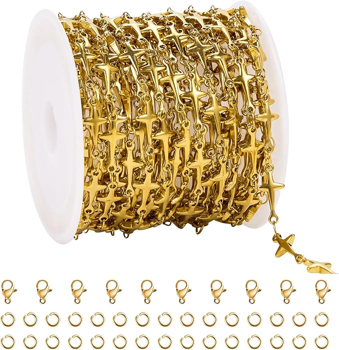 UMAOKANG 13 Feet Gold Plated Stainless Steel Jewelry Making Chain Roll Cross Chain Link for Jewelry DIY with Jump Rings and Lobster Clasps