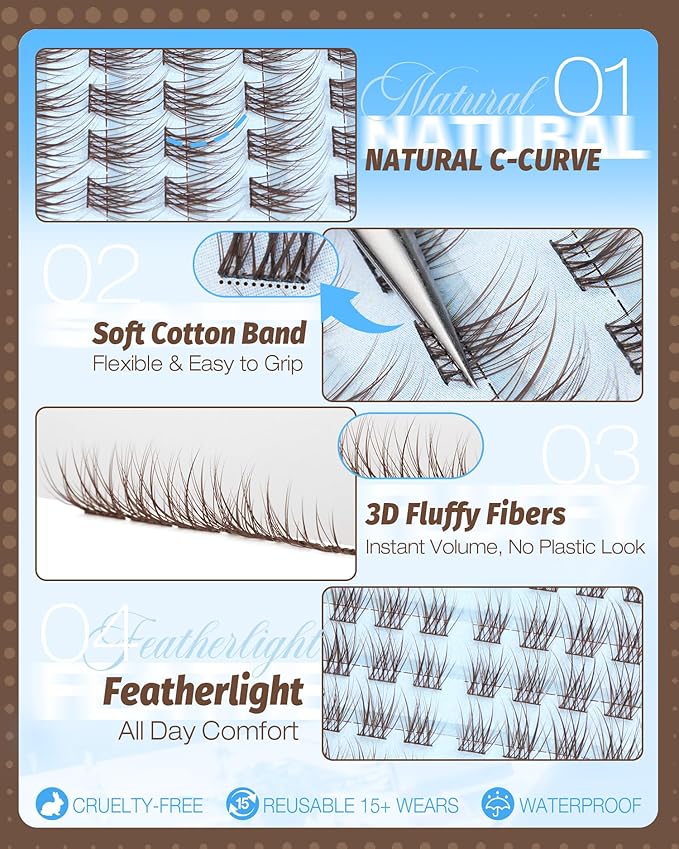 Brown Lash Clusters 10-12MM Pre-Mapped Eyelash Clusters Natural Cluster Lashes Individuals Short Wispy Cluster Eyelash Extensions Open Eye Lashes Clusters Fluffy Lash Extensions (C Curve, 144Pcs)